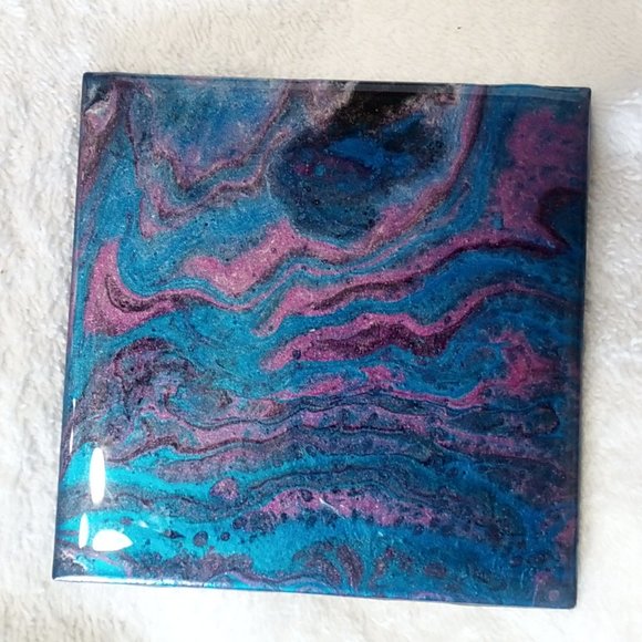 Hand Crafted Painted Tile Coasters Metallic Acrylic Fluid Art Painting Set … - Picture 4 of 6